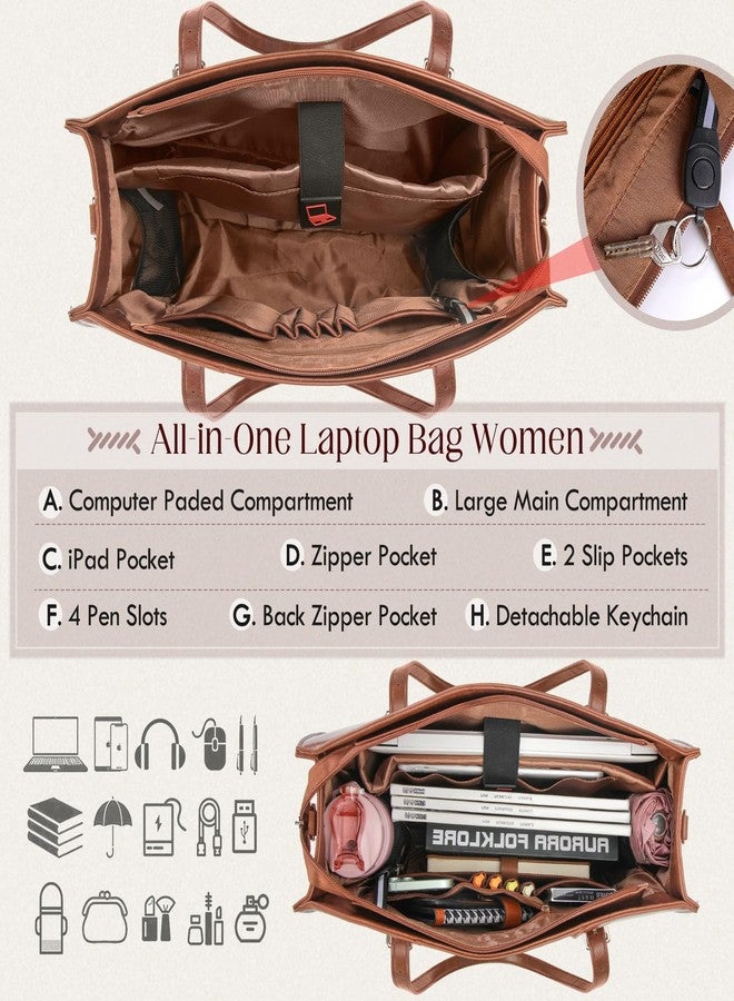 RAINSMORE Laptop Bag for Women, 15.6 inch Laptop Tote Bag PU Leather Computer Work Bag Lightweight Shoulder Handbags, Brown - Image 5