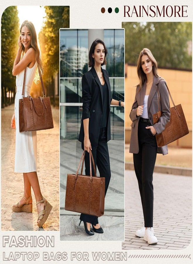 RAINSMORE Laptop Bag for Women, 15.6 inch Laptop Tote Bag PU Leather Computer Work Bag Lightweight Shoulder Handbags, Brown - Image 2