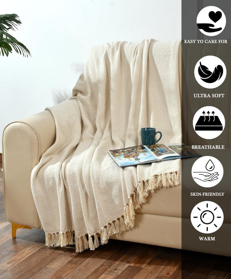 SASHAA WORLD Chevron Cotton Sofa Throw with Tassels | Soft & Durable Blanket | Throw for Chair, Living Room, Badroom, Sofa | Beige & Natural -130x160 cm - Image 4