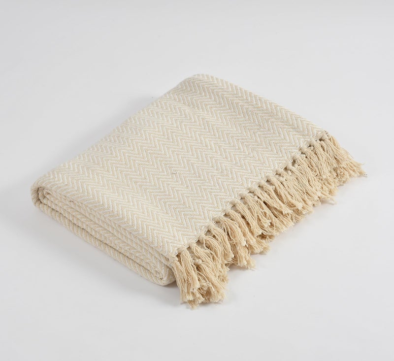 SASHAA WORLD Chevron Cotton Sofa Throw with Tassels | Soft & Durable Blanket | Throw for Chair, Living Room, Badroom, Sofa | Beige & Natural -130x160 cm - Image 3