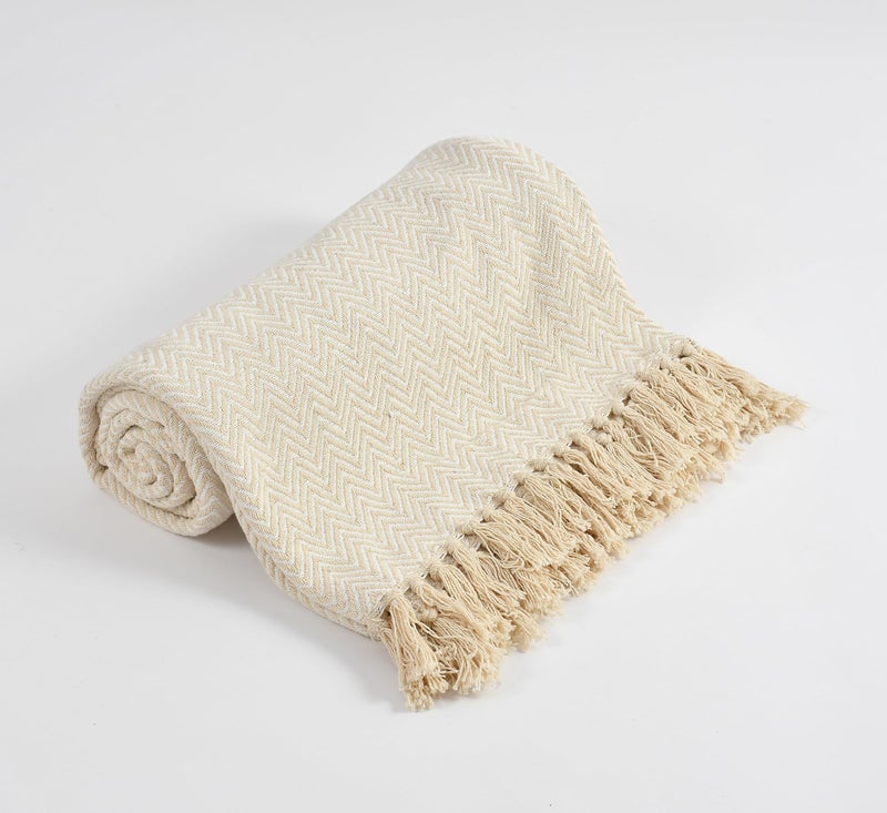 SASHAA WORLD Chevron Cotton Sofa Throw with Tassels | Soft & Durable Blanket | Throw for Chair, Living Room, Badroom, Sofa | Beige & Natural -130x160 cm - Image 2
