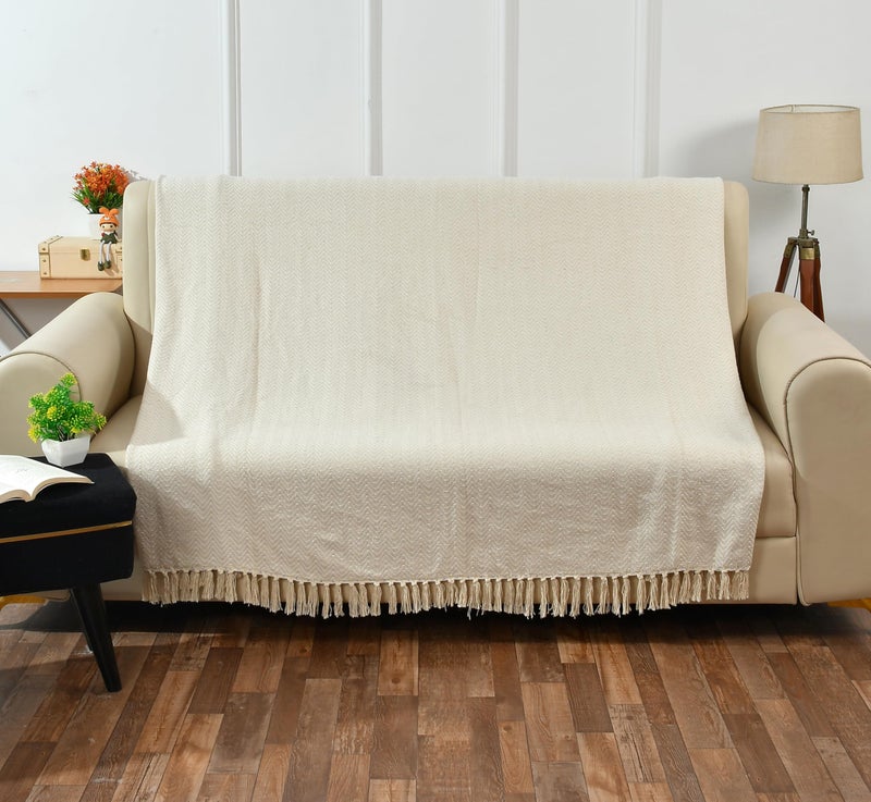 SASHAA WORLD Chevron Cotton Sofa Throw with Tassels | Soft & Durable Blanket | Throw for Chair, Living Room, Badroom, Sofa | Beige & Natural -130x160 cm - Image 1