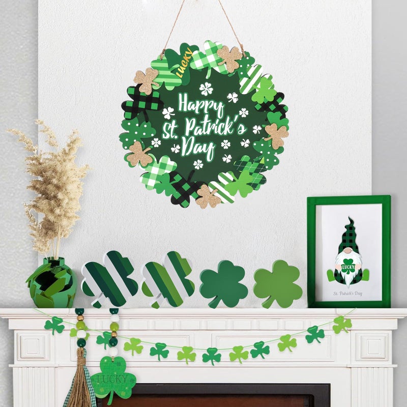 WellSign St Patricks Day Decorations, Green Shamrock Hanging Welcome Sign St Patricks Day Door Decor for The Home, Glitter Pediment Plaque Lucky Festive St Patricks Day Wreaths for Front Door Front Porch Wall - Image 3