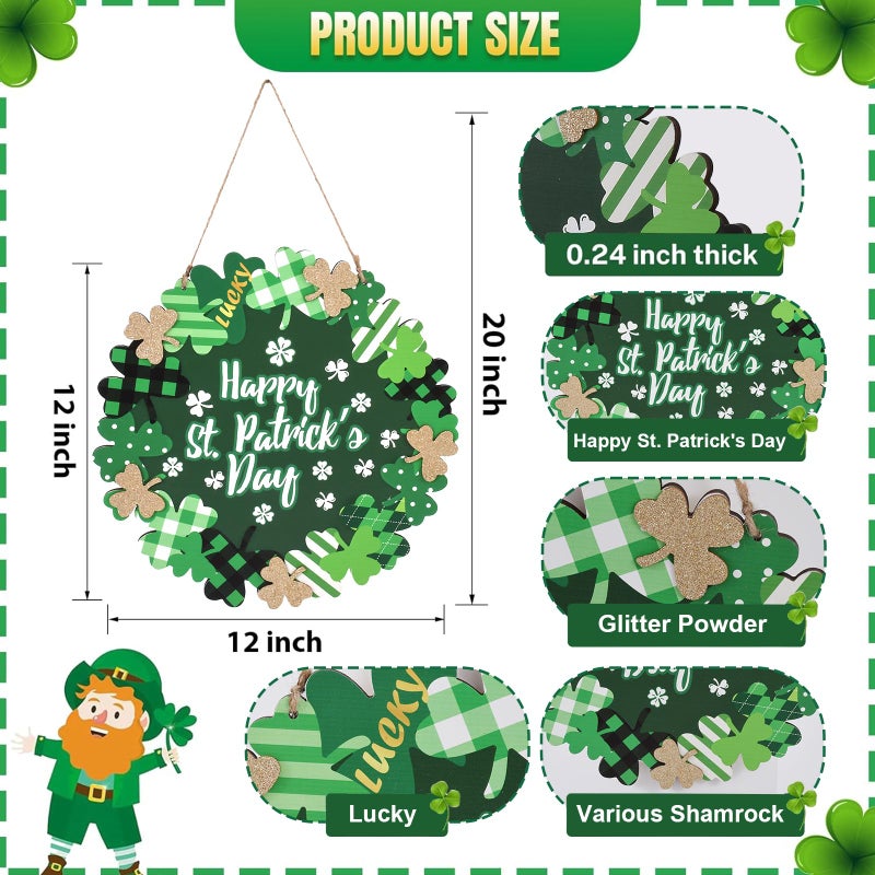 WellSign St Patricks Day Decorations, Green Shamrock Hanging Welcome Sign St Patricks Day Door Decor for The Home, Glitter Pediment Plaque Lucky Festive St Patricks Day Wreaths for Front Door Front Porch Wall - Image 2