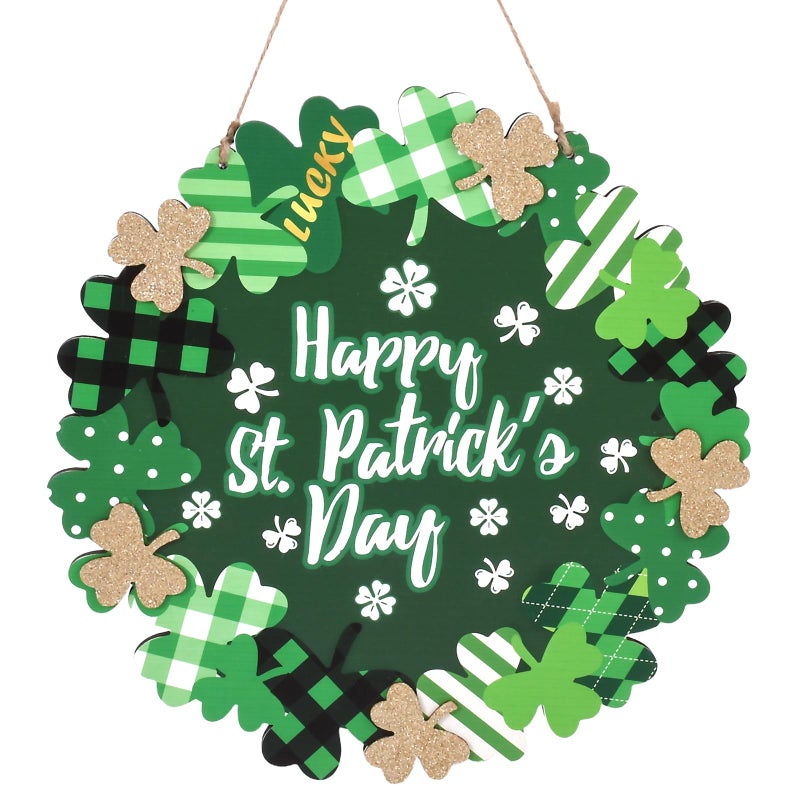 WellSign St Patricks Day Decorations, Green Shamrock Hanging Welcome Sign St Patricks Day Door Decor for The Home, Glitter Pediment Plaque Lucky Festive St Patricks Day Wreaths for Front Door Front Porch Wall - Image 1
