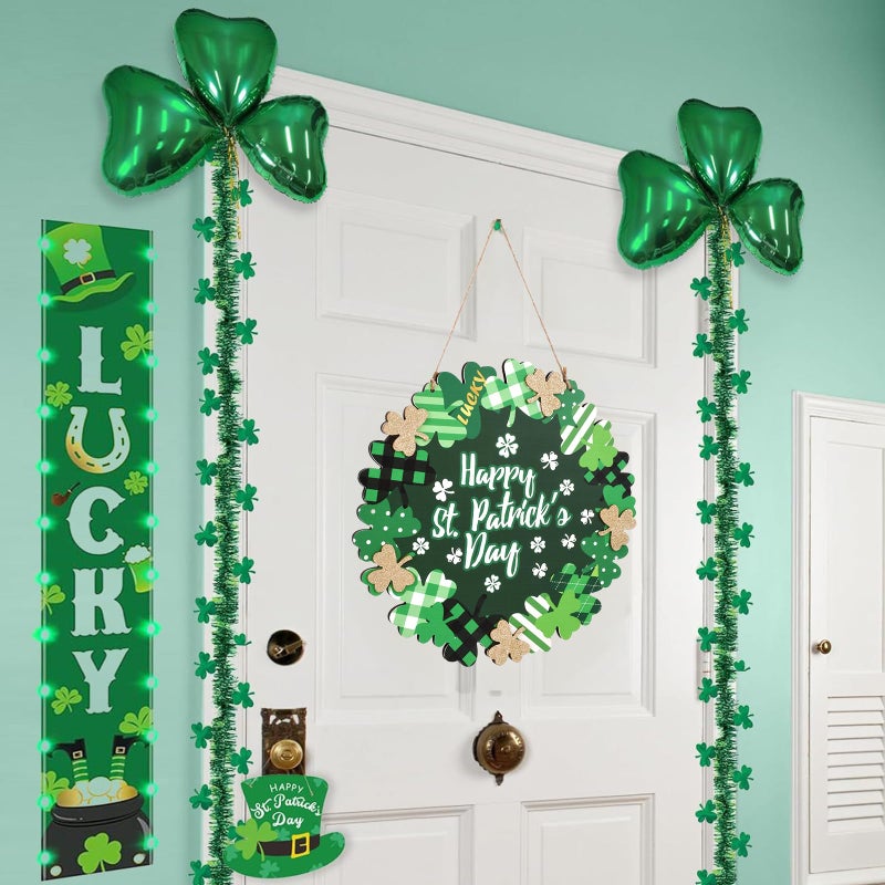 WellSign St Patricks Day Decorations, Green Shamrock Hanging Welcome Sign St Patricks Day Door Decor for The Home, Glitter Pediment Plaque Lucky Festive St Patricks Day Wreaths for Front Door Front Porch Wall - Image 5