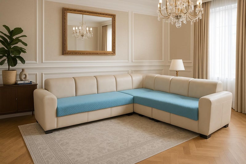 KINGLY Velvet Quilted L-Shape 7 Seater (4+3) Universal Sofa Protector – Premium Non-Slip Fit, Machine Washable Couch Mat for L-Shaped Sofa Set in Living Room (German Blue, 2pc Set – 23x27 & 90x27) - Image 1