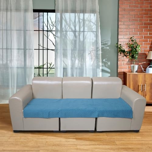 KINGLY Velvet Quilted L-Shape 7 Seater (4+3) Universal Sofa Protector – Premium Non-Slip Fit, Machine Washable Couch Mat for L-Shaped Sofa Set in Living Room (German Blue, 2pc Set – 23x27 & 90x27) - Image 4