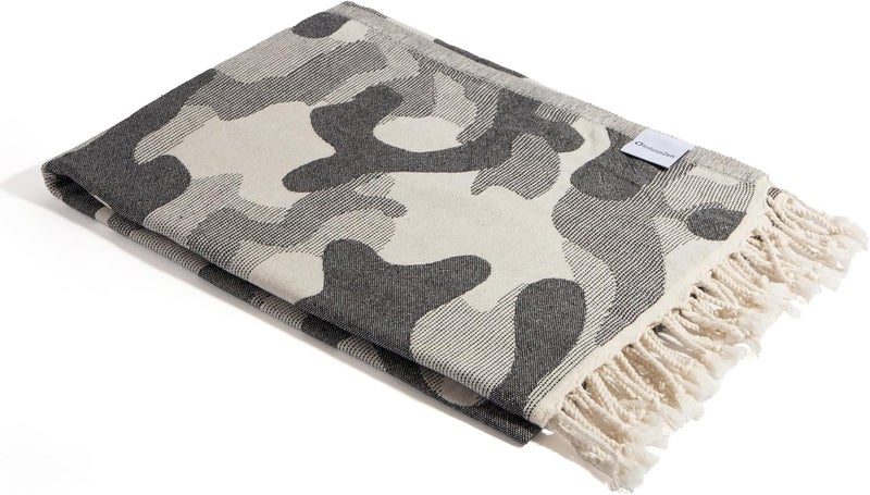InfuseZen Turkish Bath  Beach Towel  Reversible Camouflage Print  100 Organic Turkish Cotton  Soft Lightweight Absorbent Peshtemal Quick Dry Sand Free  Gym Throw Travel  Black Camo - Image 1