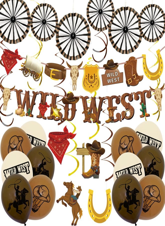 XIPEGPA 30 PCS Wild West Cowboy Party Decorations with Banners Hanging Swirls Ceiling Streamers Balloons Paper Wheel Decorations for Birthday Baby Shower Western Theme Party Decor - Image 1