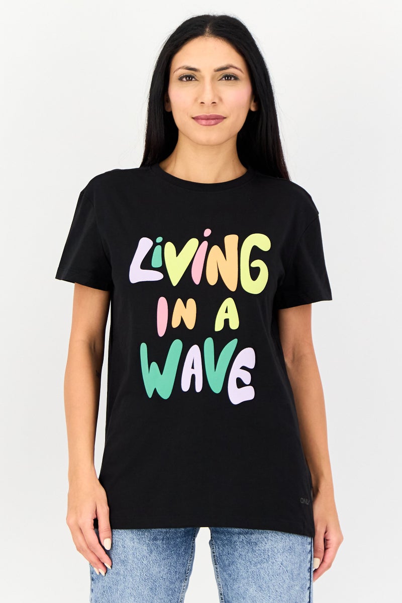 ONLY Women Crew Neck Graphic Print Short Sleeves T-Shirt, Black - Image 1