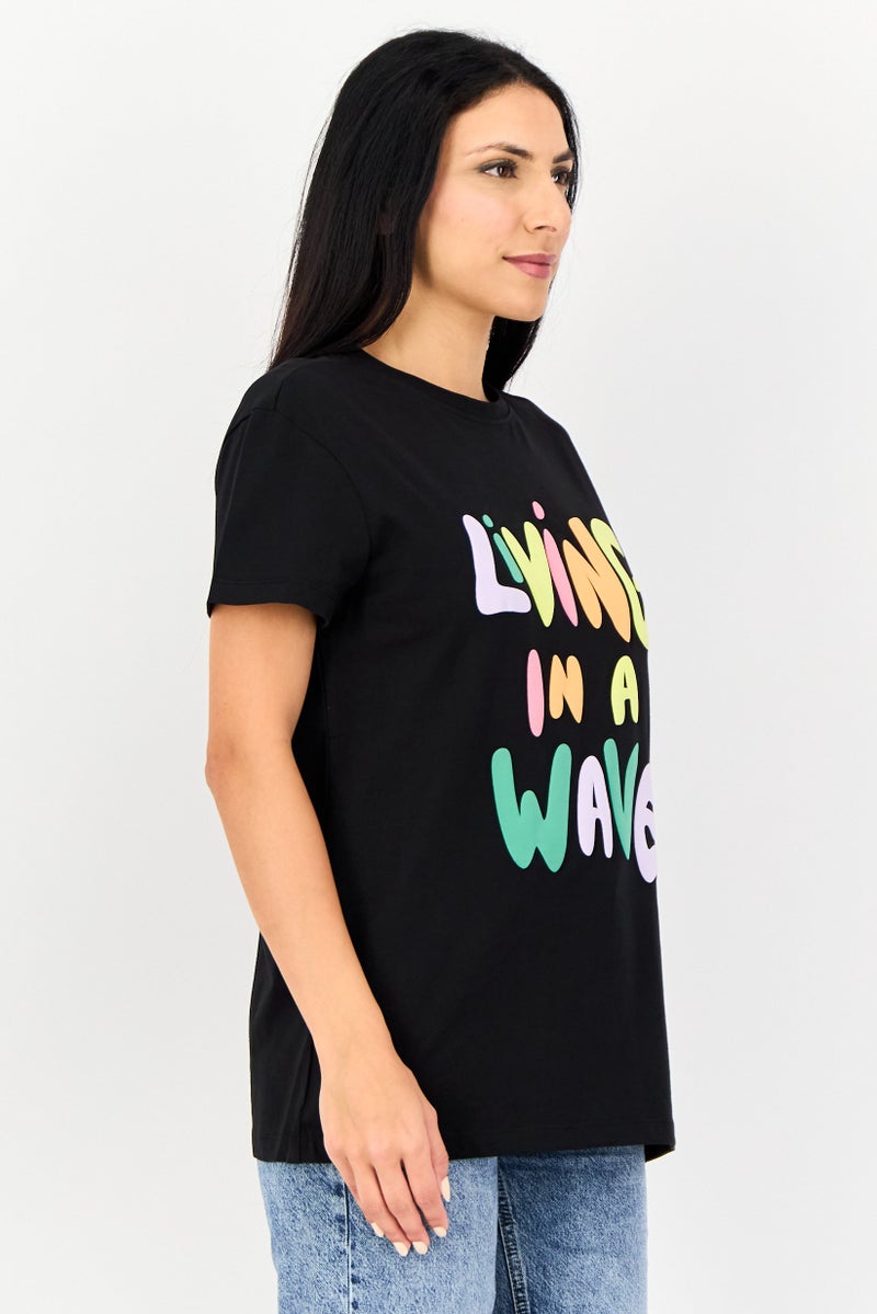 ONLY Women Crew Neck Graphic Print Short Sleeves T-Shirt, Black - Image 2
