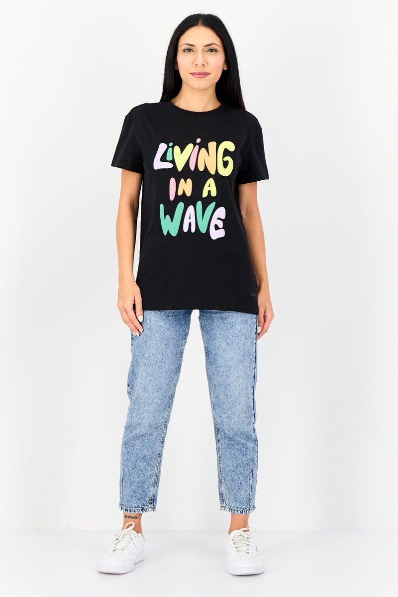 ONLY Women Crew Neck Graphic Print Short Sleeves T-Shirt, Black - Image 3