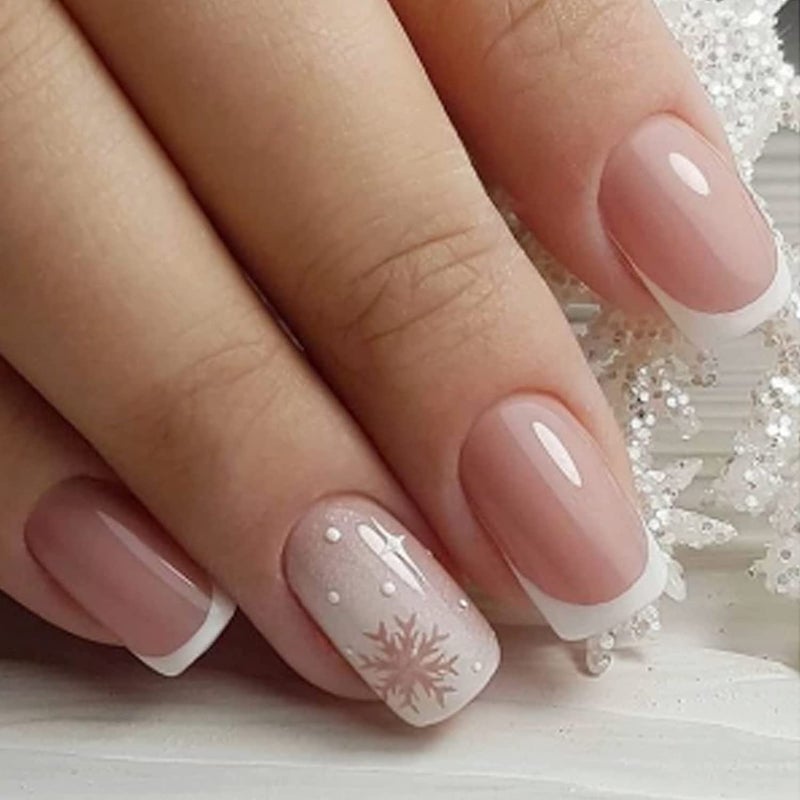 OCOUYVD Christmas Press On Nails - Short Square Fake Nails with French Tip Acrylic, Cute White Snowflake Full Cover Stick On Nails for Xmas Manicure Decorations - Image 1