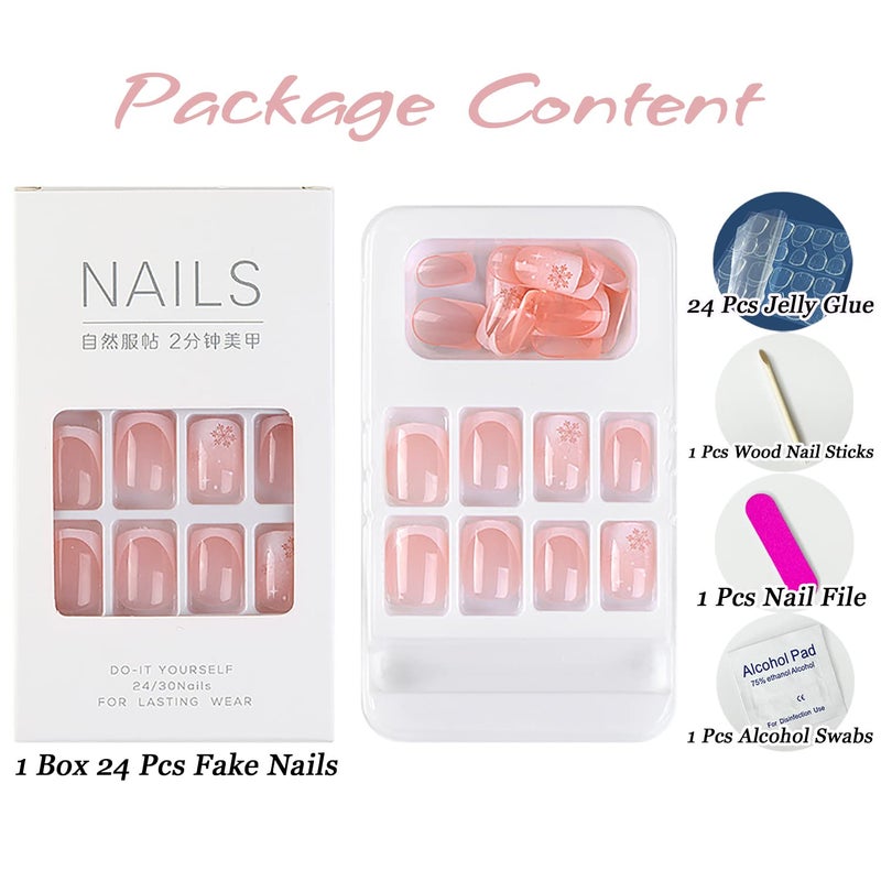 OCOUYVD Christmas Press On Nails - Short Square Fake Nails with French Tip Acrylic, Cute White Snowflake Full Cover Stick On Nails for Xmas Manicure Decorations - Image 5