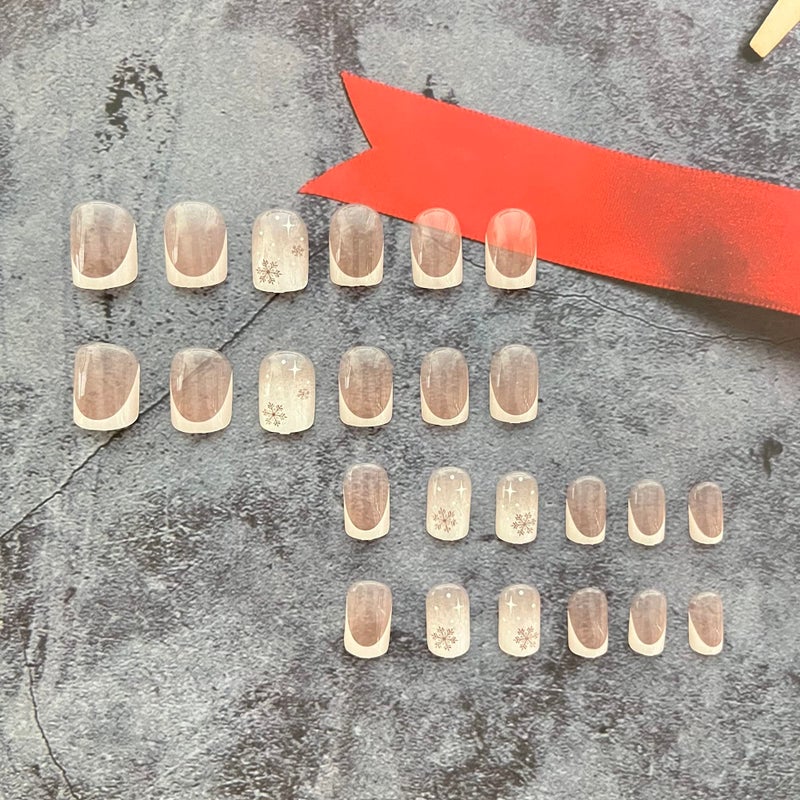 OCOUYVD Christmas Press On Nails - Short Square Fake Nails with French Tip Acrylic, Cute White Snowflake Full Cover Stick On Nails for Xmas Manicure Decorations - Image 2