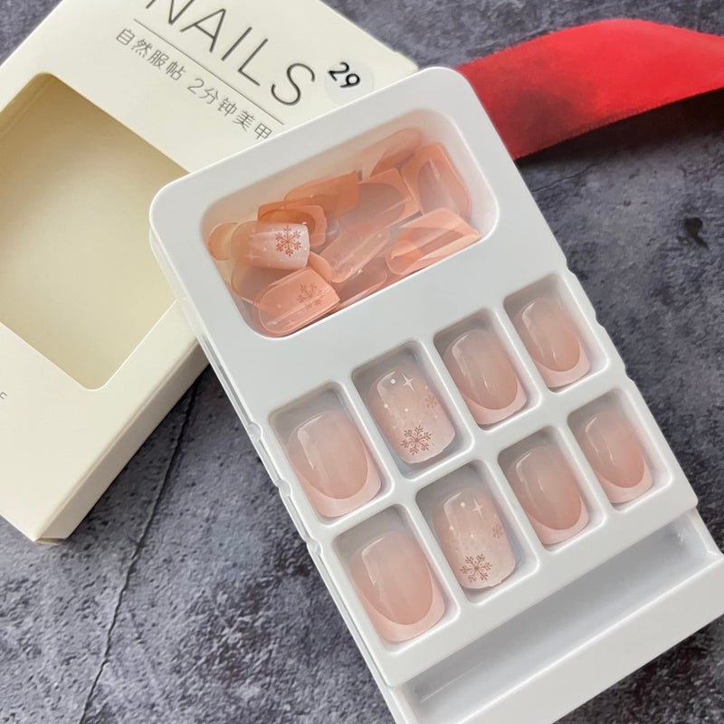 OCOUYVD Christmas Press On Nails - Short Square Fake Nails with French Tip Acrylic, Cute White Snowflake Full Cover Stick On Nails for Xmas Manicure Decorations - Image 3