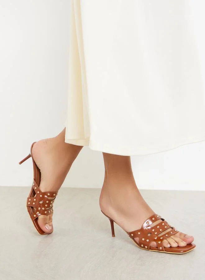 Styli Tan Studded High Heel Sandals