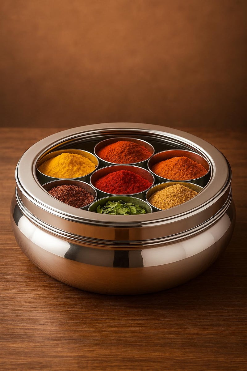 STEEPLE Stainless Steel Belly Shape Masala (Spice) Box With See-Through Lid,7 Compartments & Spoon|Spice Organizer For Kitchen,Dry Fruit Storage,Masala Dabba (Small,18.5 Cm,Premium Finish),Silver - Image 2