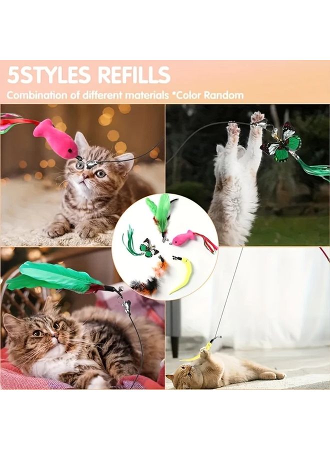 Interactive Cat Toy Set With Retractable Teaser Wand 5 Random Replacement Heads And Multiple Feather Attachments Durable Plastic Construction Non Battery Operated Play Kit For Indoor Cats 1 - Image 5