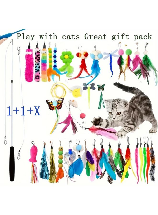 Interactive Cat Toy Set With Retractable Teaser Wand 5 Random Replacement Heads And Multiple Feather Attachments Durable Plastic Construction Non Battery Operated Play Kit For Indoor Cats 1 - Image 1