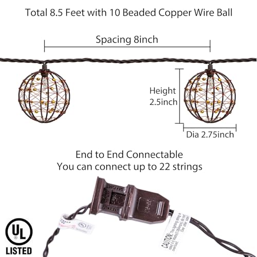 TWINKVILLA Outdoor Decorative Patio String Lights, Beaded Copper Wire Ball Style Lantern Lights, Connectable Weather-Resistant Indoor Outdoor Novelty Whimsical Light for Home Pergola Bedroom Porch Party Backyard - Image 3