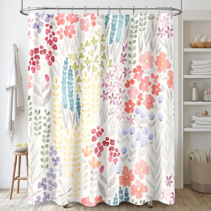 MAYZUS Colorful Floral Shower Curtain  Pink Cute Boho Flower Fabric Shower Curtain  Funky Watercolor Wildflower Trendy Shower Curtain Set  Cottagecore Bohemian Bathroom Decor  Ivory  72x72 - Image 1