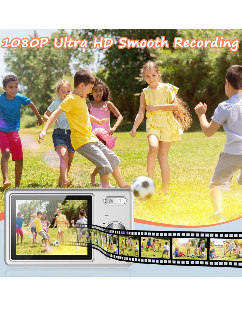 بيبي لاند كاميرا رقمية 1080P FHD كاميرا صغيرة الحجم بدقة 48 ميجابكسل مع شاشة LCD مقاس 2.4 بوصة، تقريب رقمي 16X كاميرا تدوين فيديو بسيطة كاميرا رقمية محمولة مع بطاقة SD سعة 32 جيجابايت للأطفال والطلاب المراهقين والمبتدئين (فضي) - Image 3