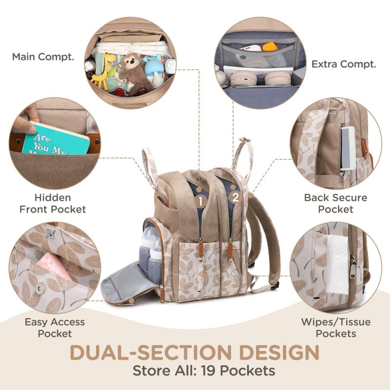 Qualyphant Large Diaper Bag Backpack for Two Kids Twins - Expandable Baby Bag (26-36L), Dual Big Compartments - Includes Changing Pad & Stroller Straps, Unisex Leaf - Image 3
