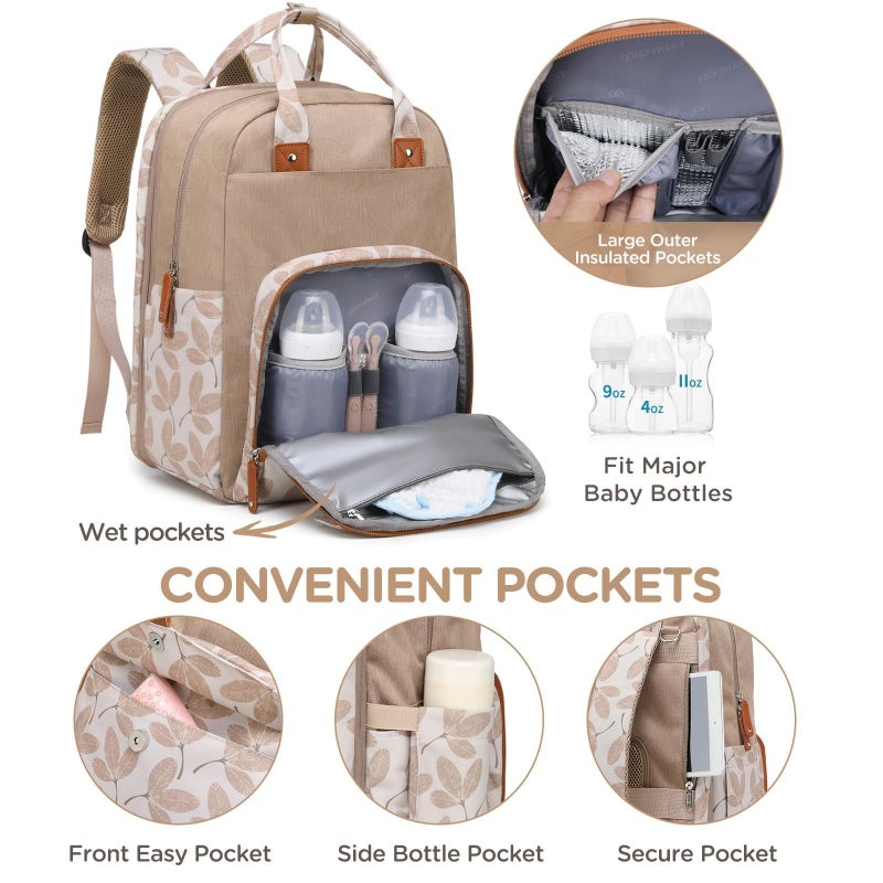 Qualyphant Large Diaper Bag Backpack for Two Kids Twins - Expandable Baby Bag (26-36L), Dual Big Compartments - Includes Changing Pad & Stroller Straps, Unisex Leaf - Image 5