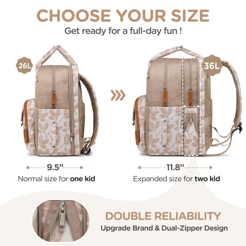 Qualyphant Large Diaper Bag Backpack for Two Kids Twins - Expandable Baby Bag (26-36L), Dual Big Compartments - Includes Changing Pad & Stroller Straps, Unisex Leaf - Image 2