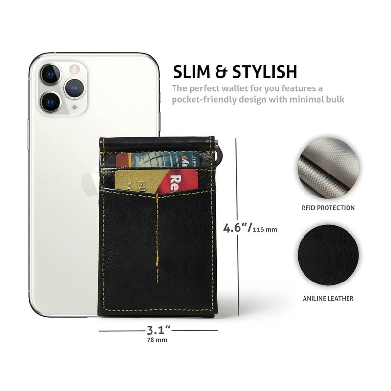 MaheTri Finley Money Clipper | Leather Wallets for Men with Strong Metal Clip | RFID Money Clip Wallet | Men's Front Pocket Minimalist Wallet (Black) - Image 4