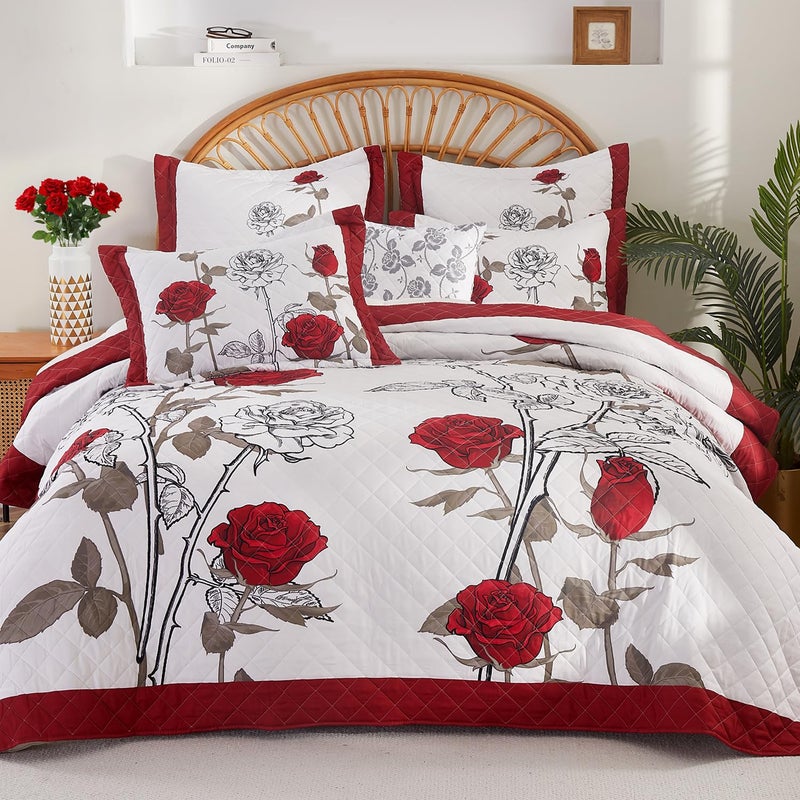 EVENHUG Quilt Queen Size Red Rose Bedding Set Floral Bedspread Lightweight Reversible Bed Cover with 2 Pillow Shams for All Seasons 3 Pieces 92X96