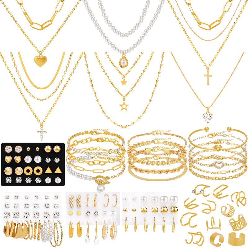 NEWITIN 120 Pieces Gold Jewelry Set for Women Fashion Costume Jewelry Gold Plated Necklace Bracelet Ear Cuff Earrings Set for Women - Image 1