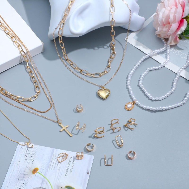 NEWITIN 120 Pieces Gold Jewelry Set for Women Fashion Costume Jewelry Gold Plated Necklace Bracelet Ear Cuff Earrings Set for Women - Image 4