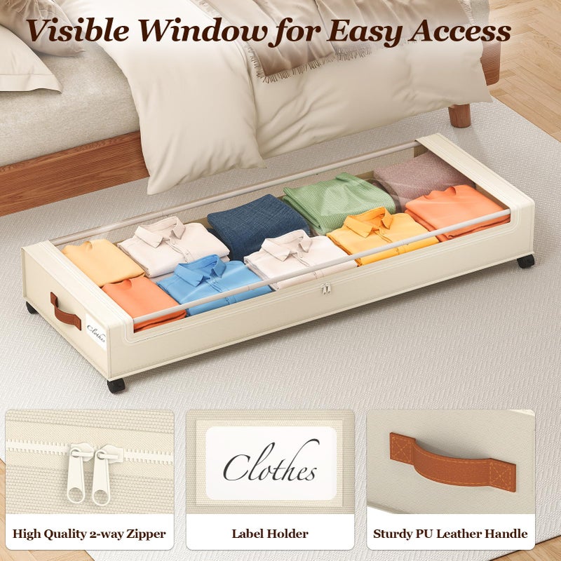 Yecaye Under Bed Storage with Wheels 2 Pack, 85L Extra Large Under Bed Storage Containers with Metal Frame & Clear Lid, Rolling Underbed Organizer Bins Drawers for Clothes, Shoes, Blankets, Beige - Image 5