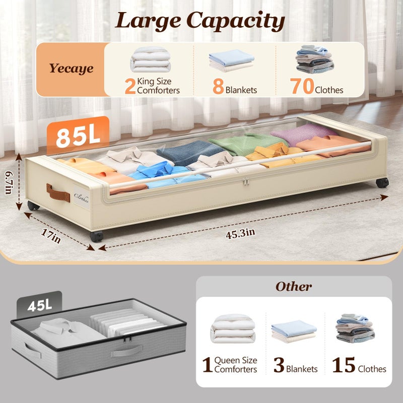 Yecaye Under Bed Storage with Wheels 2 Pack, 85L Extra Large Under Bed Storage Containers with Metal Frame & Clear Lid, Rolling Underbed Organizer Bins Drawers for Clothes, Shoes, Blankets, Beige - Image 2