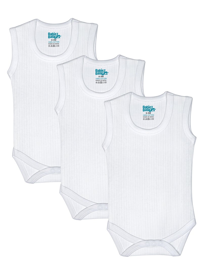 Babies Basic BabiesBasic Super Combed Cotton, Sleeveless Printed Bodysuit, for New Born to 24months. Set of 3, White - Image 1