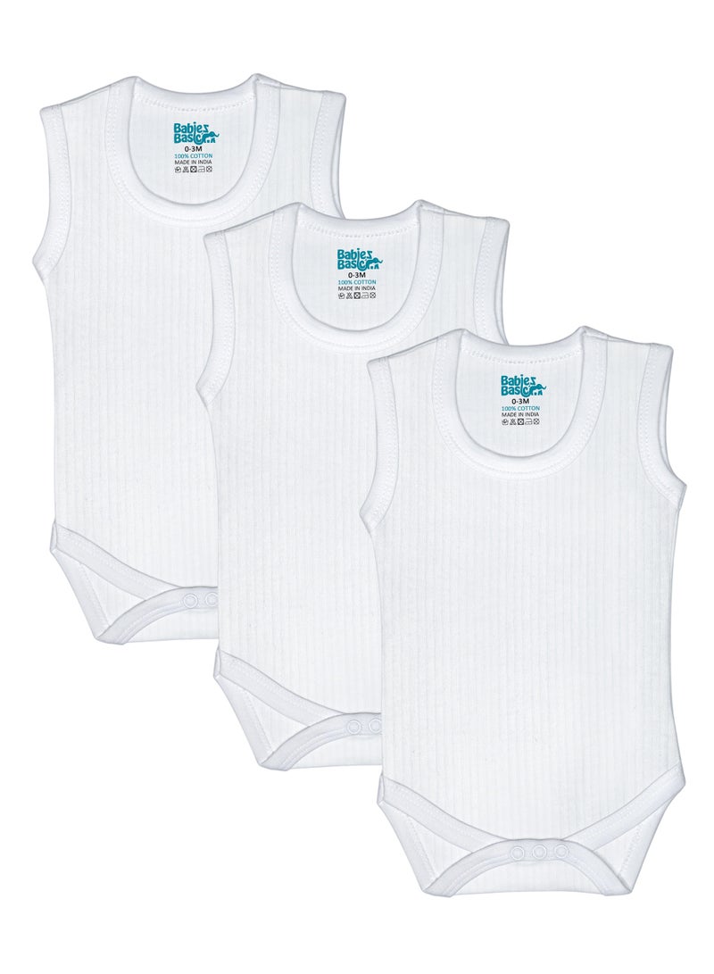 Babies Basic BabiesBasic Super Combed Cotton, Sleeveless Printed Bodysuit, for New Born to 24months. Set of 3, White - Image 1