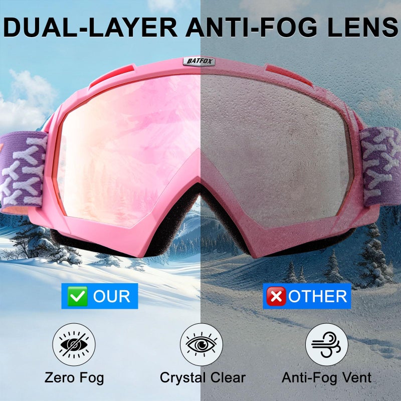 BATFOX Ski Goggles for Women & Girls, Anti Fog OTG Snowboard Goggles Over Glasses, 100% UV Protection Snow Goggles for Skiing & Snow Sports - Image 2