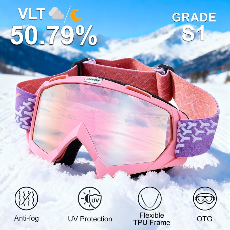 BATFOX Ski Goggles for Women & Girls, Anti Fog OTG Snowboard Goggles Over Glasses, 100% UV Protection Snow Goggles for Skiing & Snow Sports - Image 3