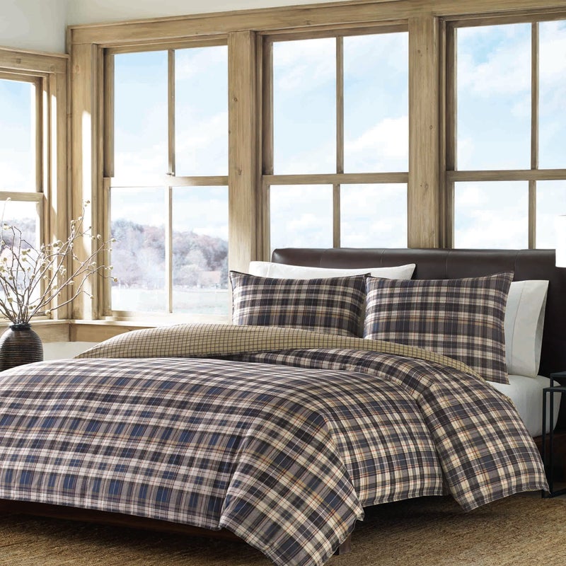 Eddie Bauer - Queen Duvet Cover Set, Reversible Bedding with Matching Shams, Plaid Bedding Set (Port Gamble Blue, Queen) - Image 1