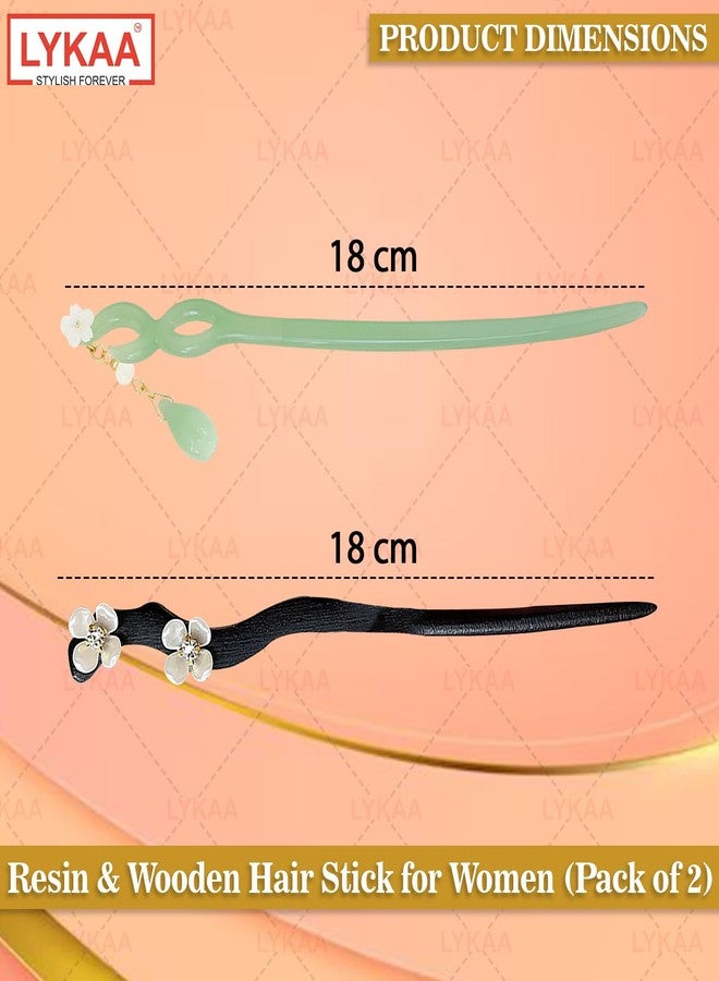 LYKAA 2 Pcs Hair Accessories Juda Pin Stylish Wooden & Resin Hair Sticks for Women Hair Chopsticks Hairpin for Buns Hair Accessories for Women Best Gift for Wife Mother & Sister | Pack of 2 (Green & Black) - Image 2