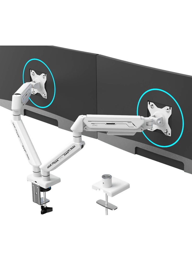 إيثو ذراع الشاشة المزدوج ETHU، حامل شاشة بنابض غاز قابل للتعديل، حامل شاشة بنابض غاز يدعم شاشة 13-32 بوصة و9 كجم، حامل شاشات كمبيوتر كامل الحركة، ذراع شاشة LED/LCD، ذراع عرض VESA بنمط VESA 75x75/100x100 ثنائي الذراع أبيض - Image 1
