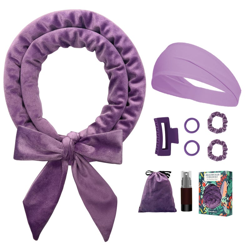 Gwabee No Heat Overnight Curl Headband, 70" Soft Ribbon Wrap with 9 PCS Curling Rods and Yoga Strap - Purple - Image 1