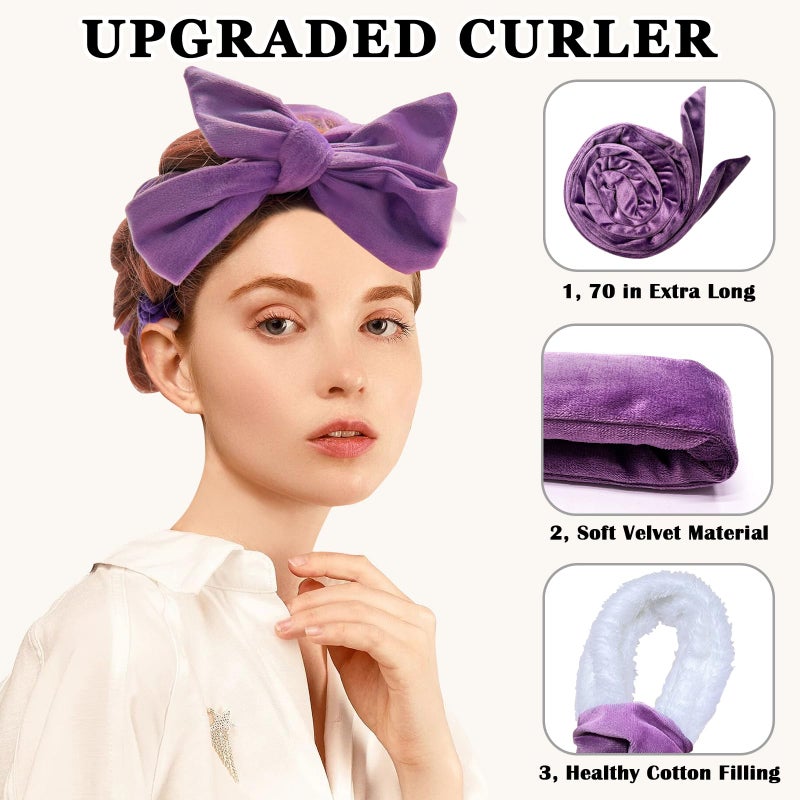 Gwabee No Heat Overnight Curl Headband, 70" Soft Ribbon Wrap with 9 PCS Curling Rods and Yoga Strap - Purple - Image 3