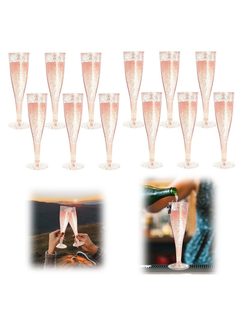 SYOSI 12 Pack Disposable Champagne Flutes Rose Gold Glitter Plastic Champagne Glasses for Parties Plastic Champagne Flutes Cups Plastic Toasting Glasses Mimosa Wedding and Shower Party Supplies 6.5OZ - Image 1
