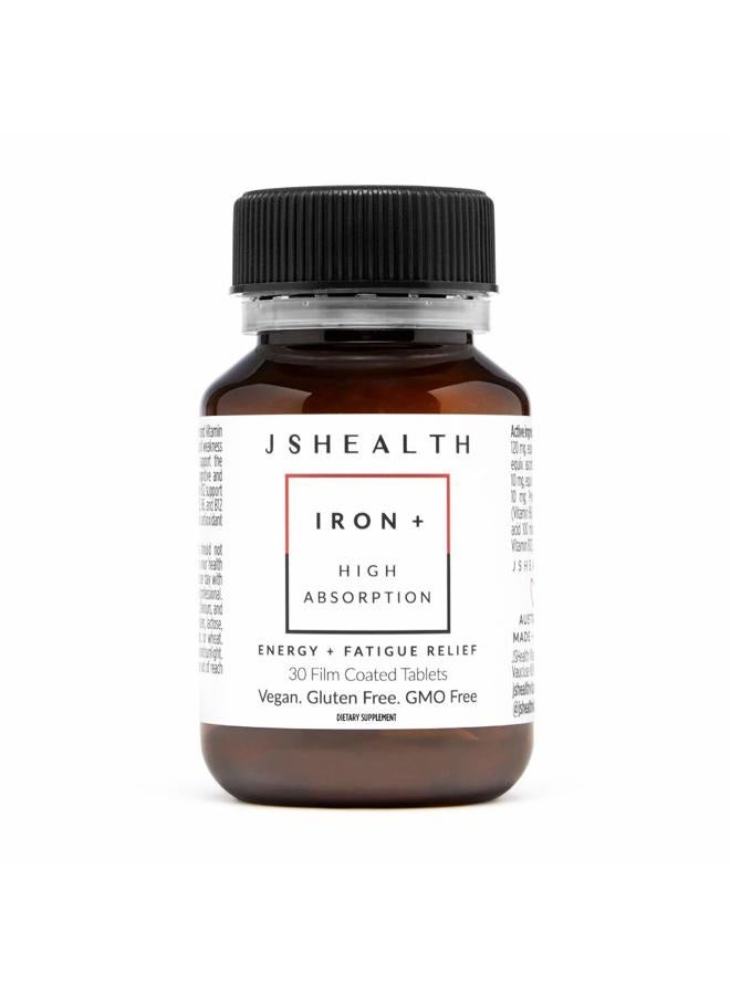 JSHealth مكملات الحديد + للفيتامينات لدعم الطاقة - أقراص نقص الحديد مع فيتامين C وفيتامين B12 - بدون غثيان - (30 قرص) - Image 1