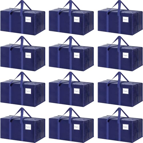 FYGRIP 12 Pack Extra Heavy Duty Large Moving Bags with Strong Zipper & Comfortable Handles, Sturdy & Durable Clothes Storage Bags Totes Bins, Packing Moving Boxes for College Supplies, Dark Blue - Image 1