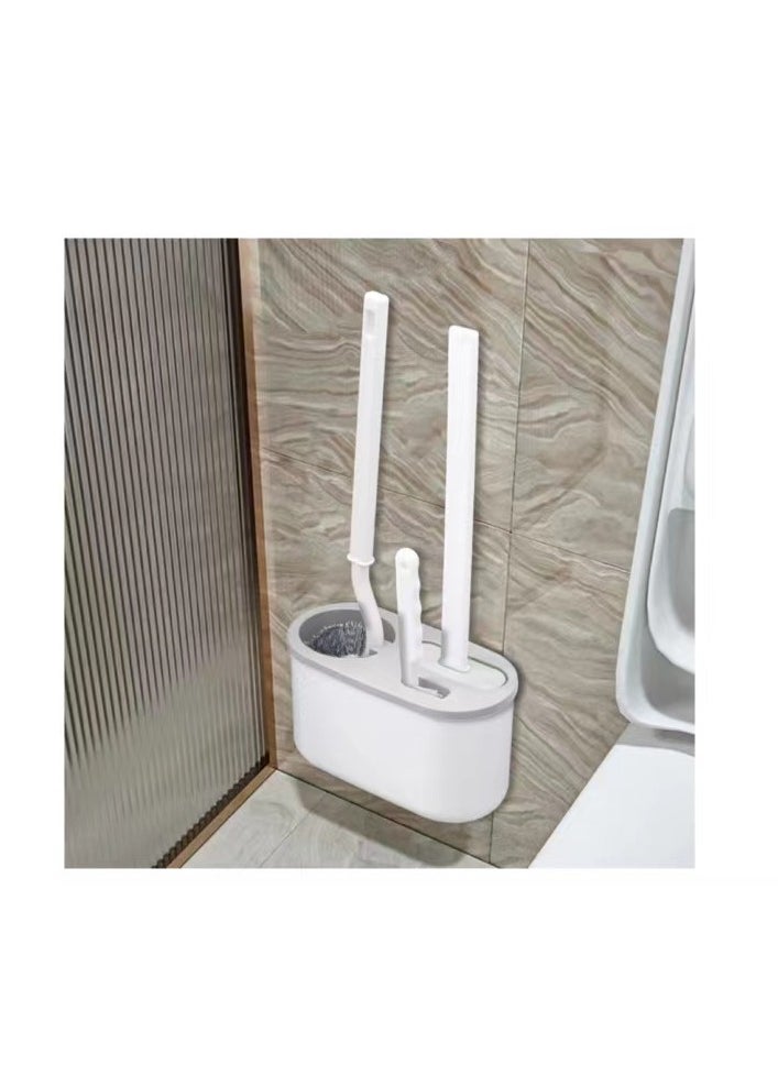 Toilet brush and suit with ventilation frame, 1 S-shaped toilet brush, 1 silicone brush head, and 1 brush for cleaning dead corners (GREY)